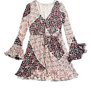 Rebecca Minkoff Patchwork Floral Mini Dress V-Neck Bell Sleeve Ruffle Hem Size 4